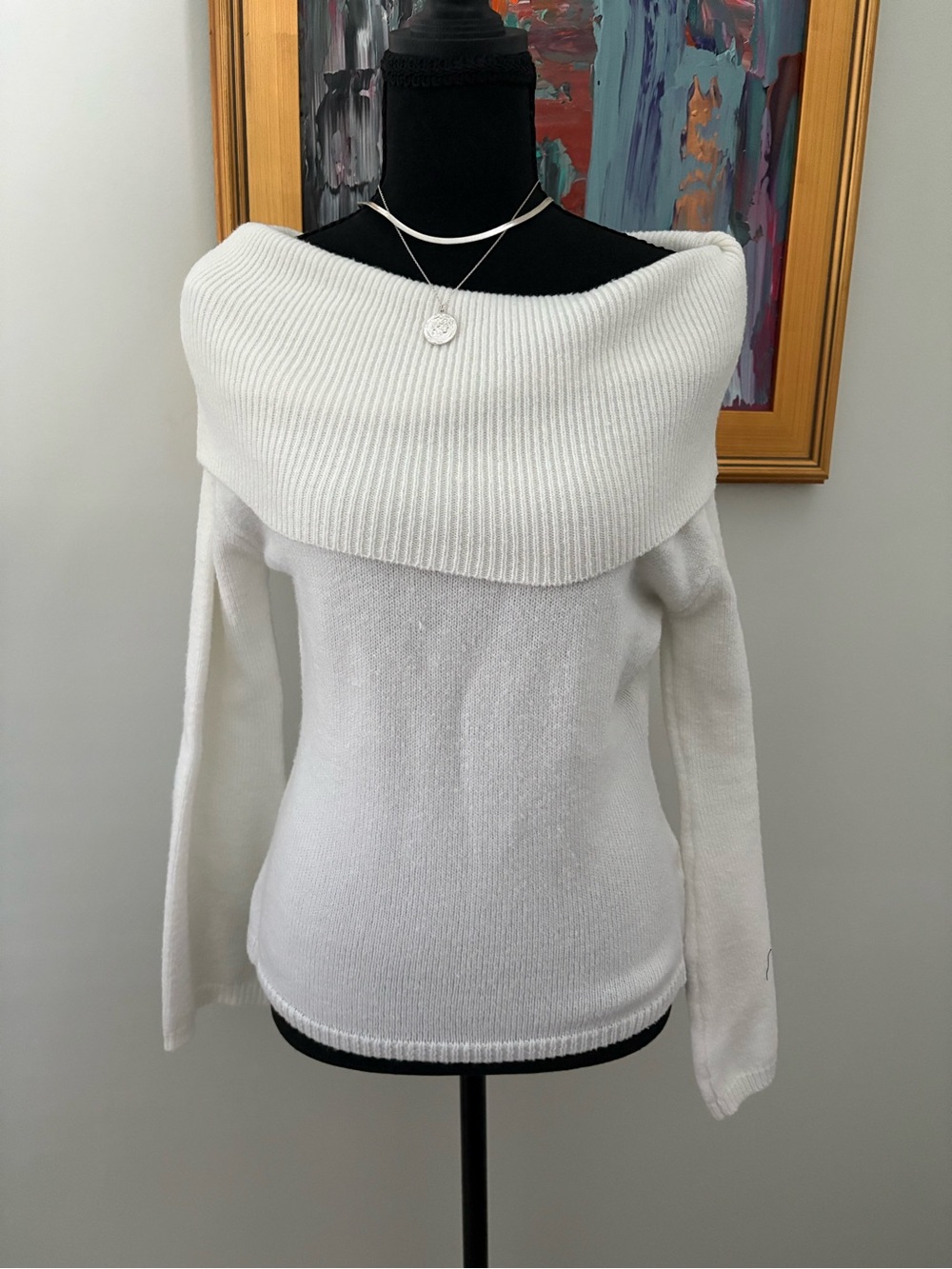 Cupshe Winter White Off-Shoulder Fold Collar Sweater